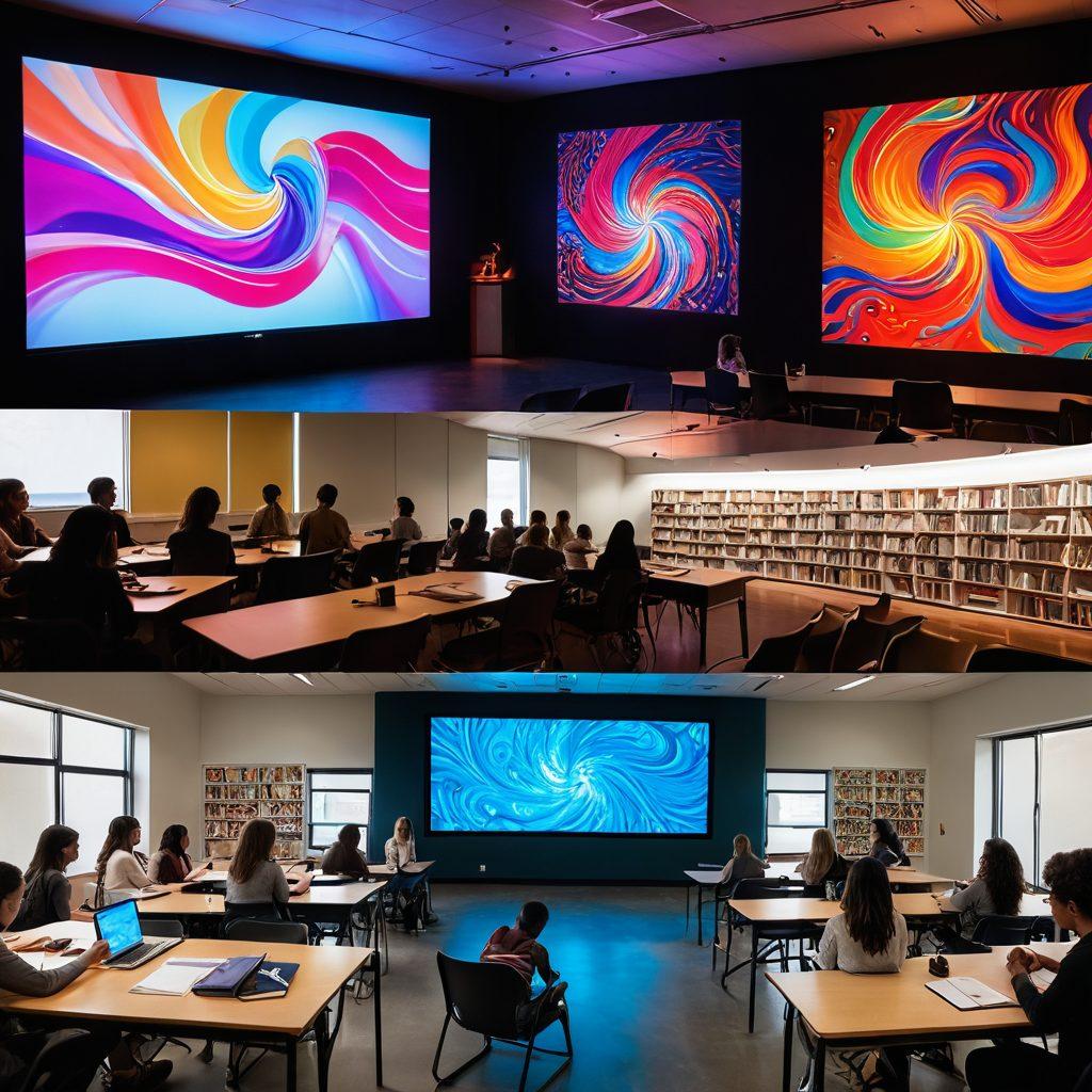 A split image depicting two contrasting scenes: on one side, an abstract representation of erotic videos with vibrant colors and swirling shapes evoking passion, and on the other side, a serene classroom setting with students engaged in learning about intimacy and sexual health. Include elements like a projector displaying educational material, and books symbolizing knowledge. super-realistic. vivid colors. dynamic composition.