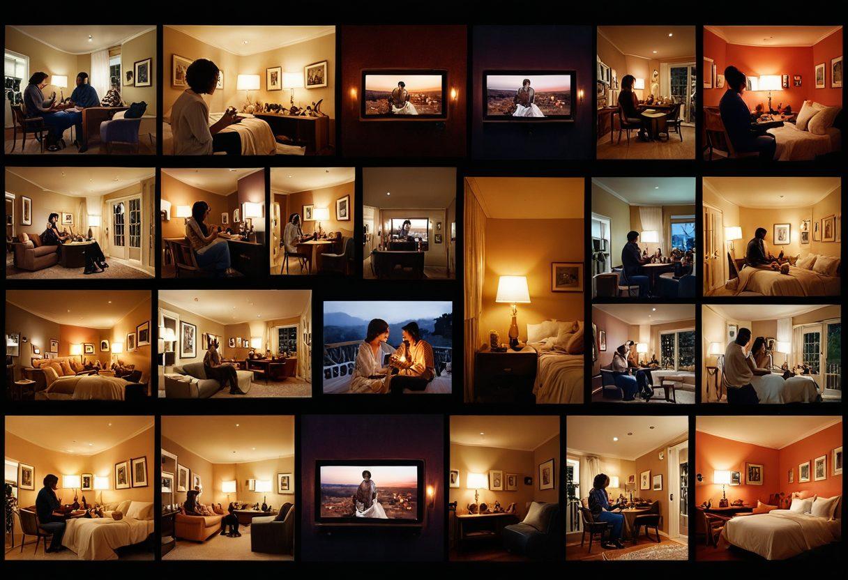 A visually intriguing collage of intimate video scenes, featuring diverse couples showcasing affection and connection in warm, inviting settings. Include elements like a film reel subtly integrated into the background, symbolizing the review aspect, alongside artistic representations of video cameras and play buttons. The overall aesthetic should evoke curiosity and allure, with soft lighting and rich color palettes. Artistic photography style. vibrant colors. intimate atmosphere.